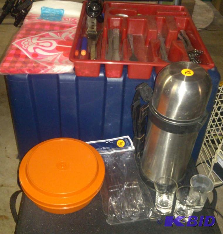 Lot of Silverware, Thermos, Table C...