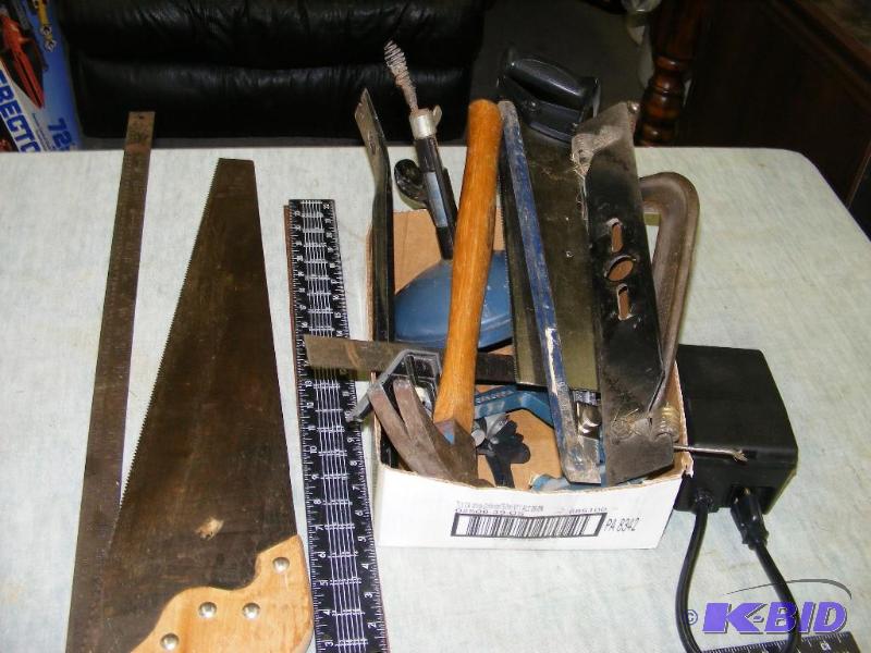Saw, Hammer, pry bar, Carpenters sq...