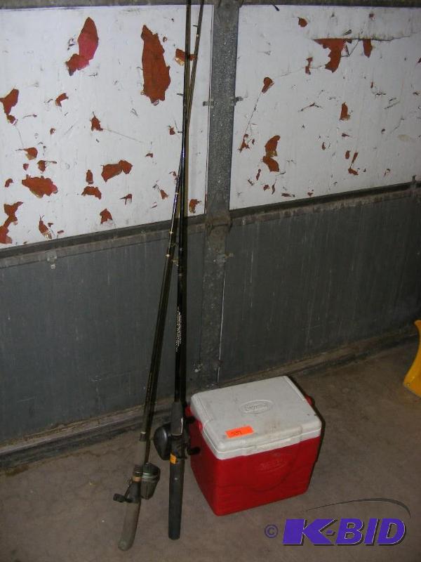 Two fishing rods and small cooler...