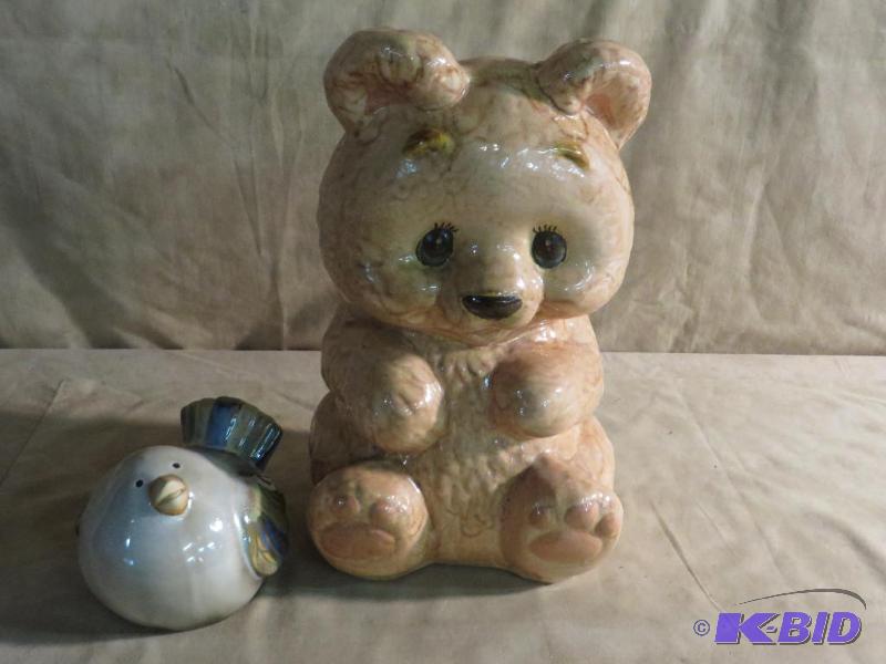 Ceramic bear bank and cute bird...