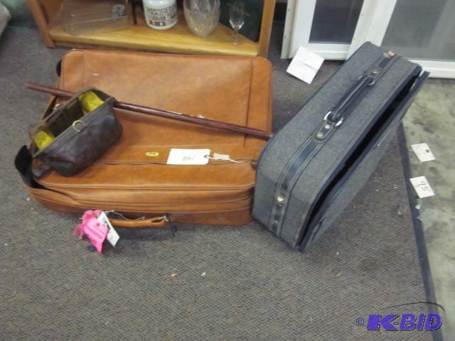 lot 140 image: (2) suitcases, travel bag, and wood...