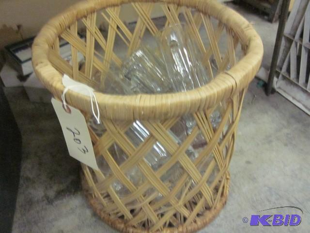 lot 203 image: Wicker basket full of glass mugs an...