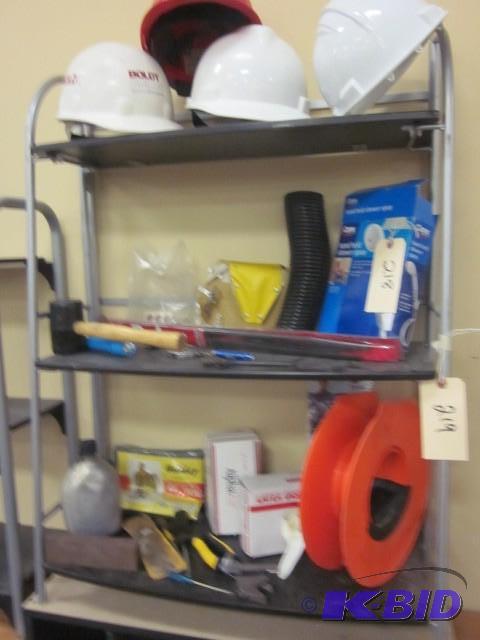 lot 219 image: Metal and wood book shelf. Items on...