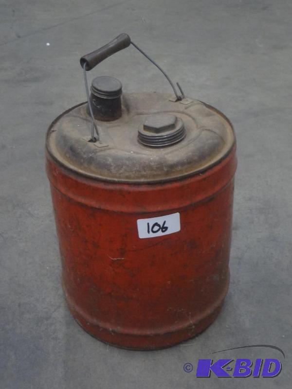 lot 106 image: Vintage 5-Gallon Steel Fuel Can...