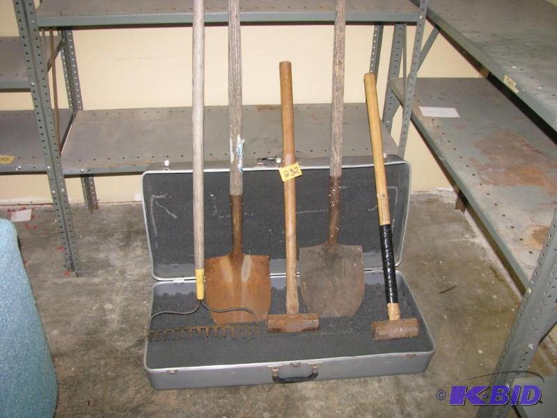 tools, sledge hammers, shovels, rac...