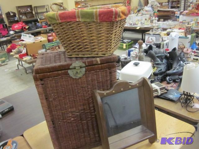 Cloths hamper, mirror, and basket....