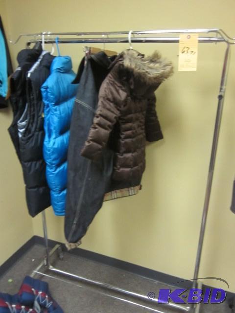 Metal garment rack on wheels. Items...