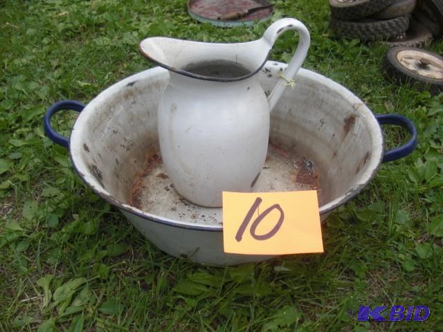 lot 10 image: Metal and Porcelain Pitcher and Was...