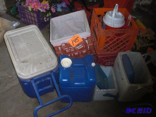 lot 145 image: Misc. Coolers  4 Plastic milk car...