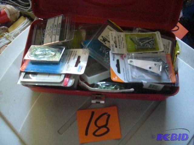 lot 18 image: Tackle box full of screws, hinges, ...