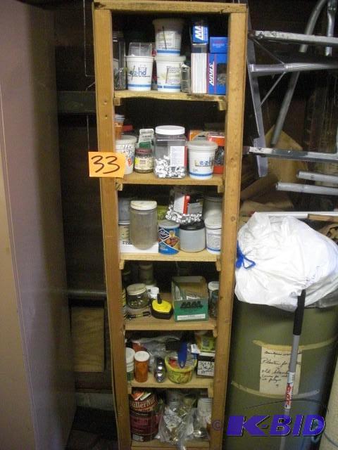 lot 33 image: Wooden Shelf and ALL ON IT.. TAKE I...
