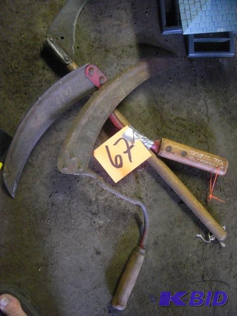 lot 67 image: 3 old fashion hand Scythes...