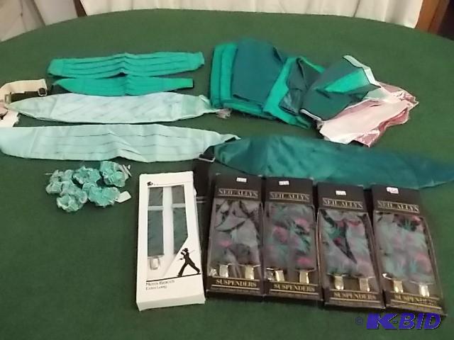 Lot Of Teal Cummerbunds, Suspenders...
