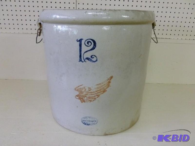 lot 2 image: Large Antique Red Wing 12 gallon la...
