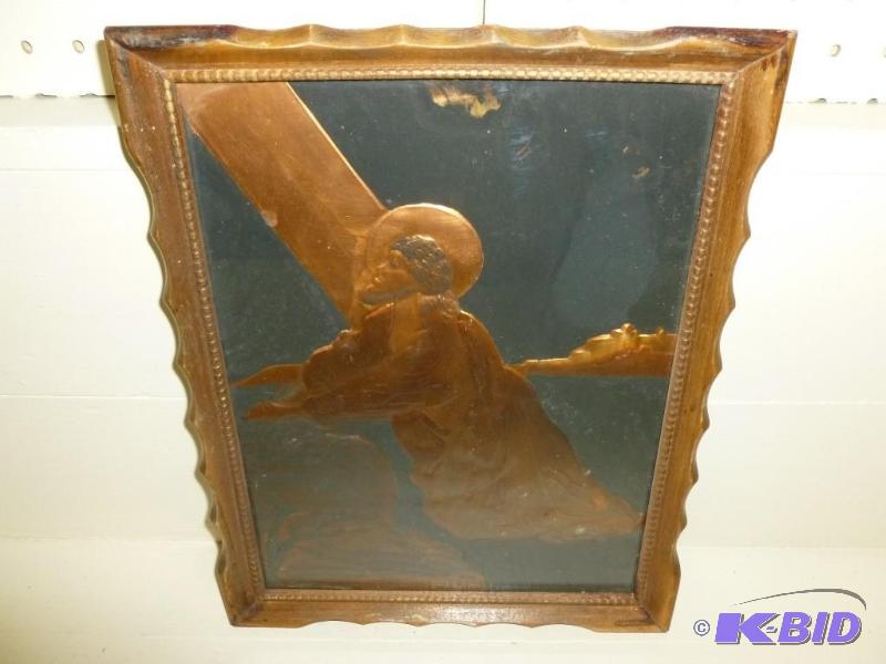lot 26 image: Vintage wood framed copper art reli...