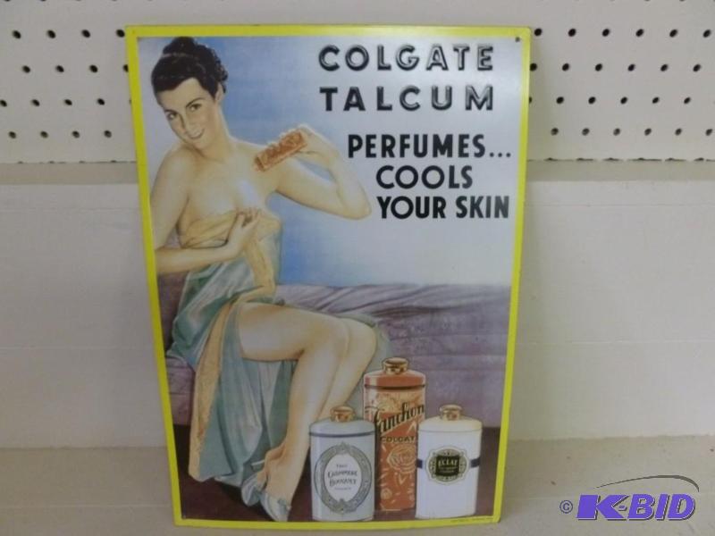 lot 72 image: Colgate Talcum embossed metal sign ...