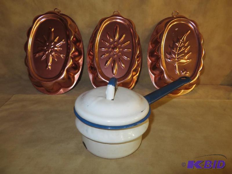 VINTAGE WHITE ENAMEL WARE WITH BLUE...