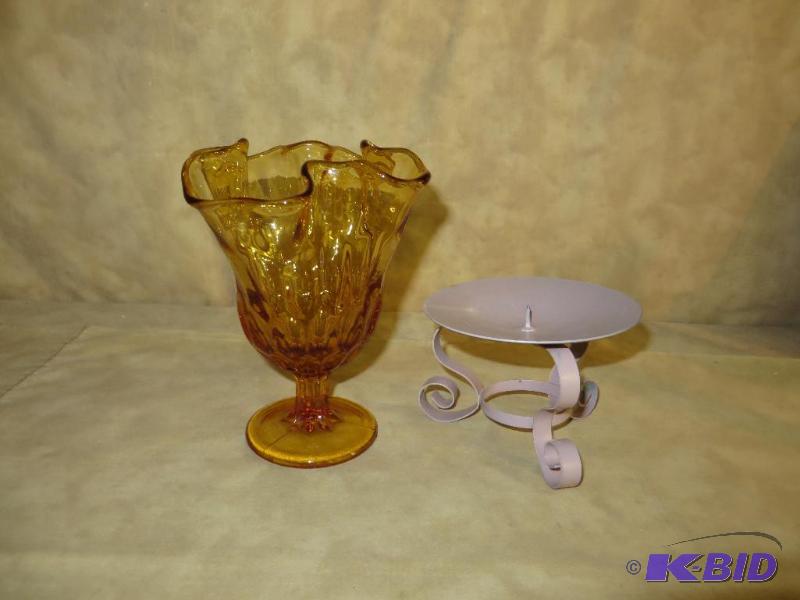 AMBER GLASS VASE &amp A CANDLE HOL...