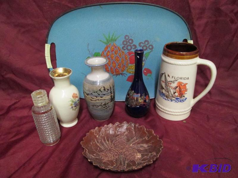 Lot of vases, trays, and a stein. A...