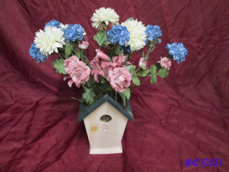 Bird house planter with artificial ...