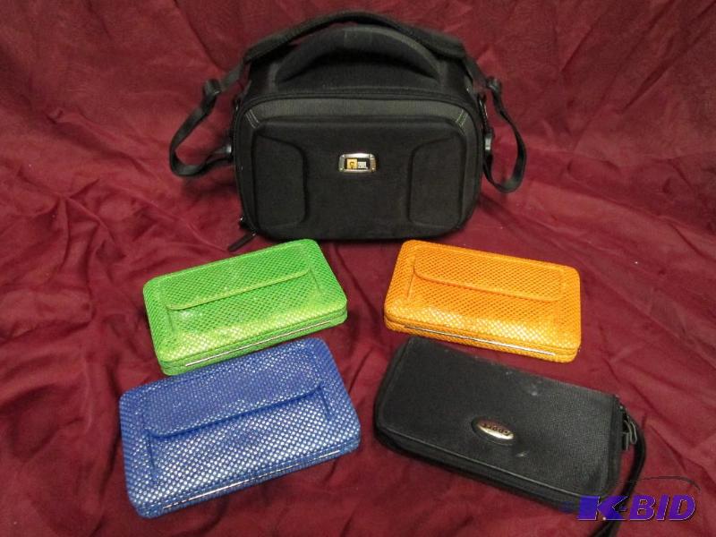 Lot of camera bags, wallets, and cl...