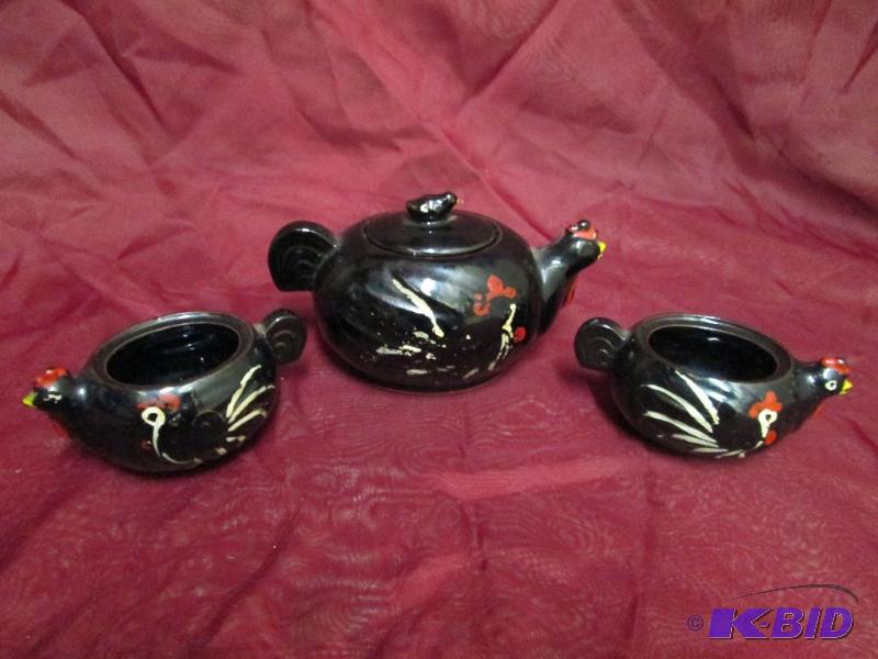 Vintage black rooster tea set. Tea ...