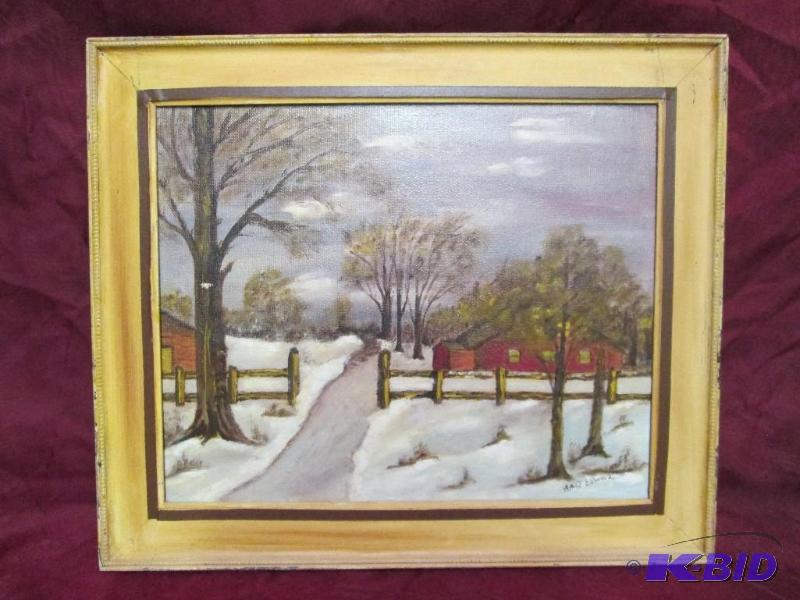 Nice painting of a winter farm scen...