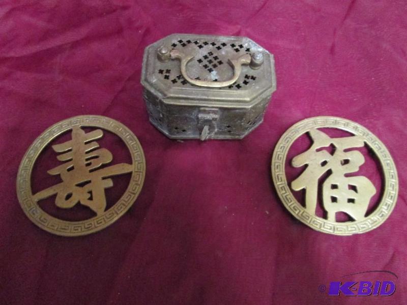 Brass trinket box and pair of orien...