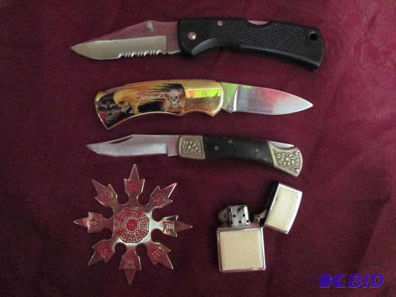 lot 26 image: Small lot of folding knives, throwi...