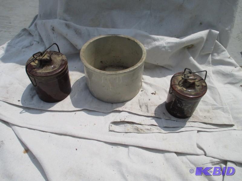 lot 100 image: 1 antique ceramic crock, 2 other cr...