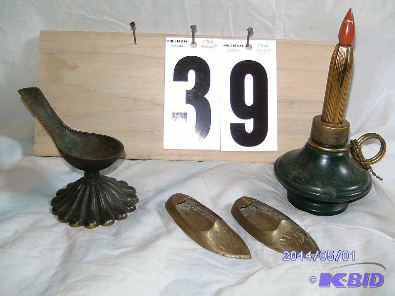 lot 39 image: Pipe Stand, lighter, brass slipper ...