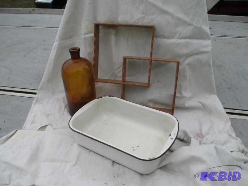 lot 80 image: Enamel Pan, brown glass jug, shelf...