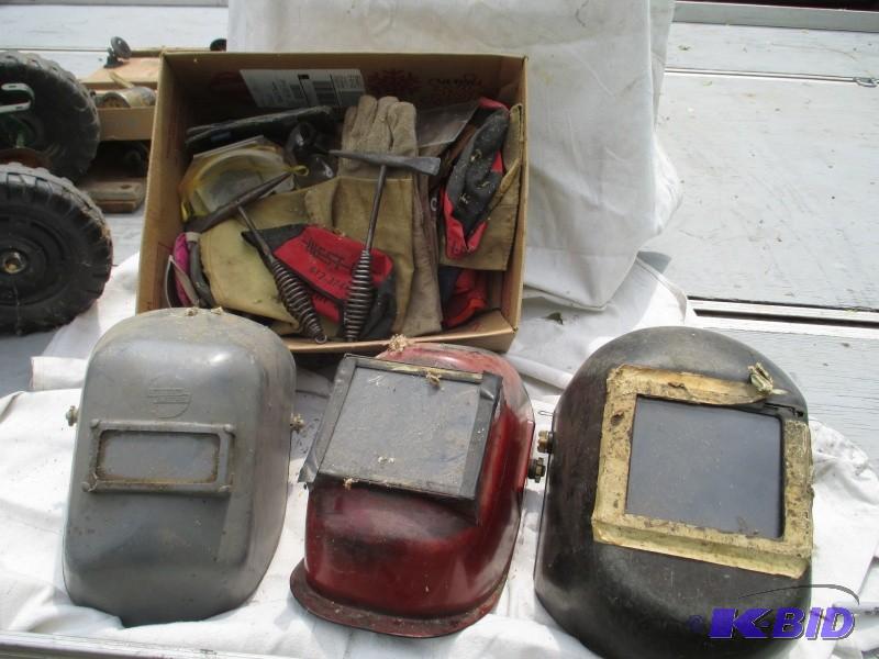 lot 87 image: 3 welding helmets, box of leather g...