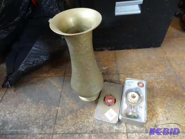 lot 166 image: Brass vase and US marines table clo...