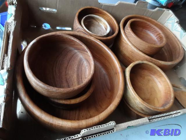 lot 160 image: 11 wood bowls. Wood utensils...