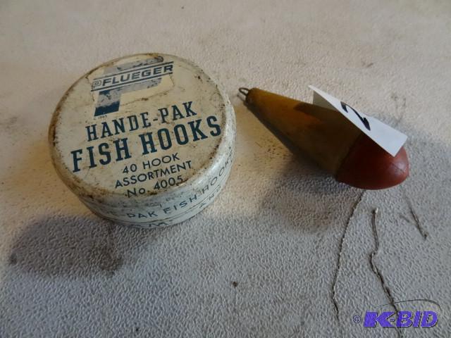 lot 242 image: Pflueger fish hook tin. Fishing wei...