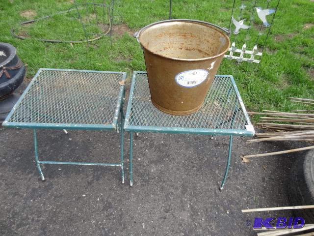 lot 37 image: Metal bucket and 2 metal patio tabl...