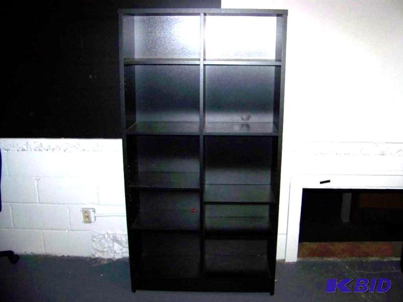 lot 81 image: Black, Wood Cubby Style  Sectioned Shelving Unit