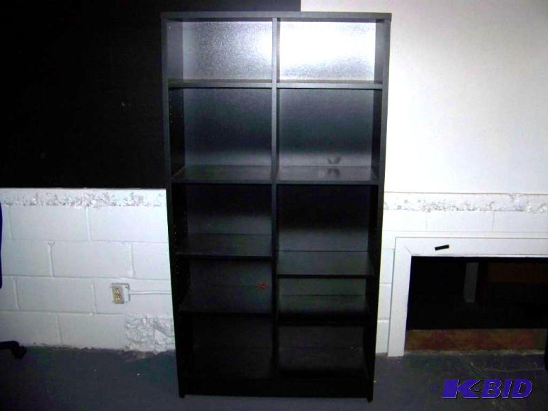 lot 82 image: Black, Wood Cubby Style  Sectioned Shelving Unit
