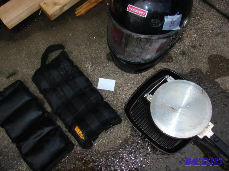 Motorcycle Helmet with 10 lbs Ankle Weights and 2 Pans