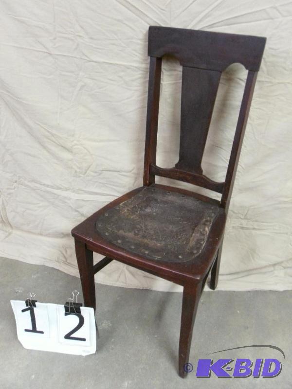 lot 12 image: Old Wood Chair with Decorative Leat...