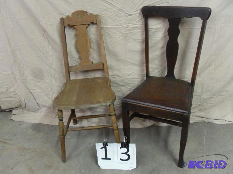 lot 13 image: 2 Old Wood Chairs. One has leather ...
