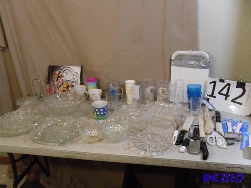 lot 142 image: Cutting Board, Cups, Candy Dishes, ...