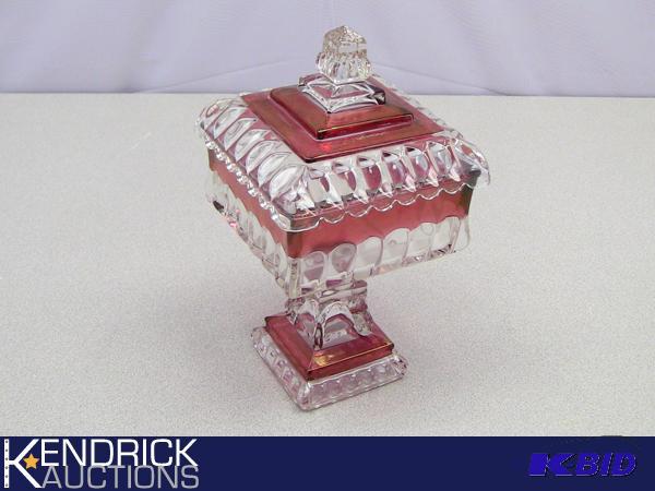 lot 46 image: Vintage Painted Red and Clear Glass Pedestal Lidded Candy Dish