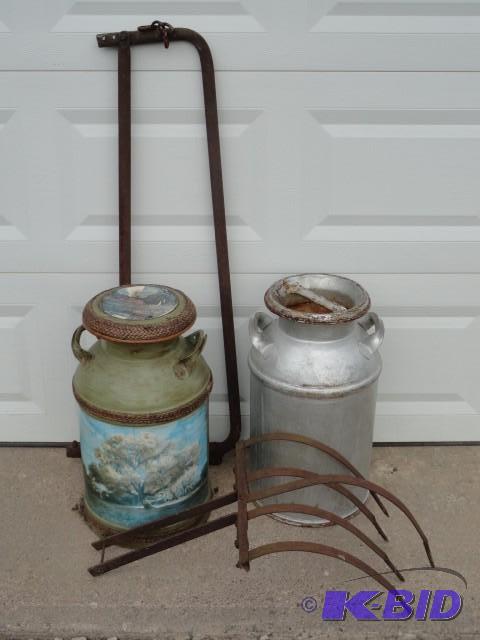 Milk cans, one marked Farmers Coop ...