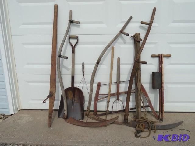 Assortment of farm hand tools inclu...