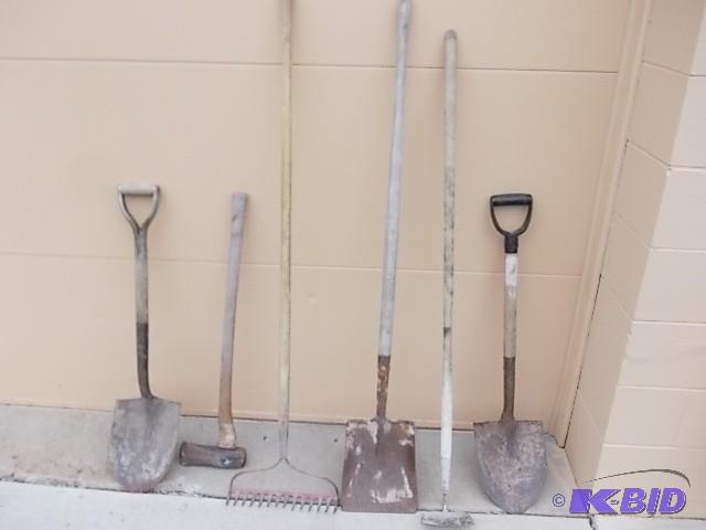 3 Shovels, Rake, Hoe, Splitting Axe...