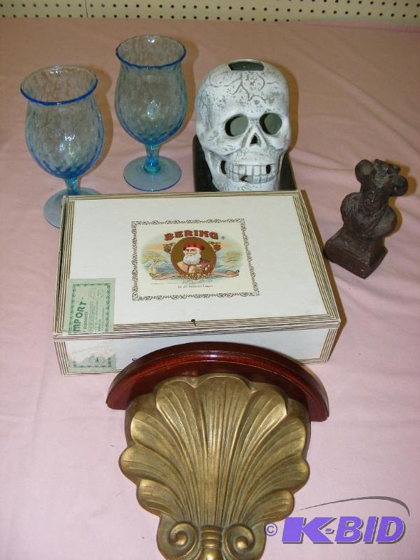 lot 269 image: Shelf, Cigar Box, Two blue goblets,...