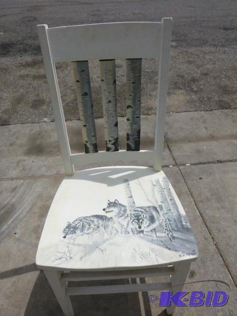 lot 146 image: Wood Chair Has wolves and trees pai...