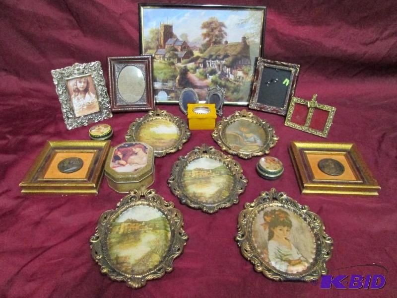 Lot of picture frames and small tin...